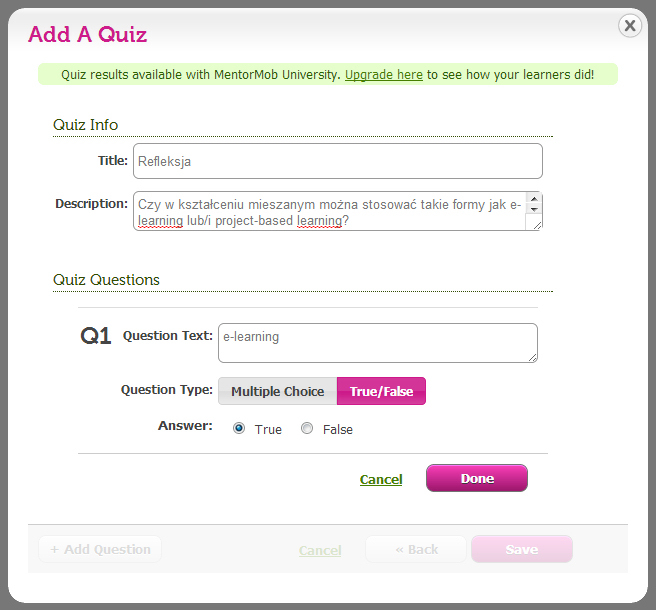 MentorMob - dodawanie quizu